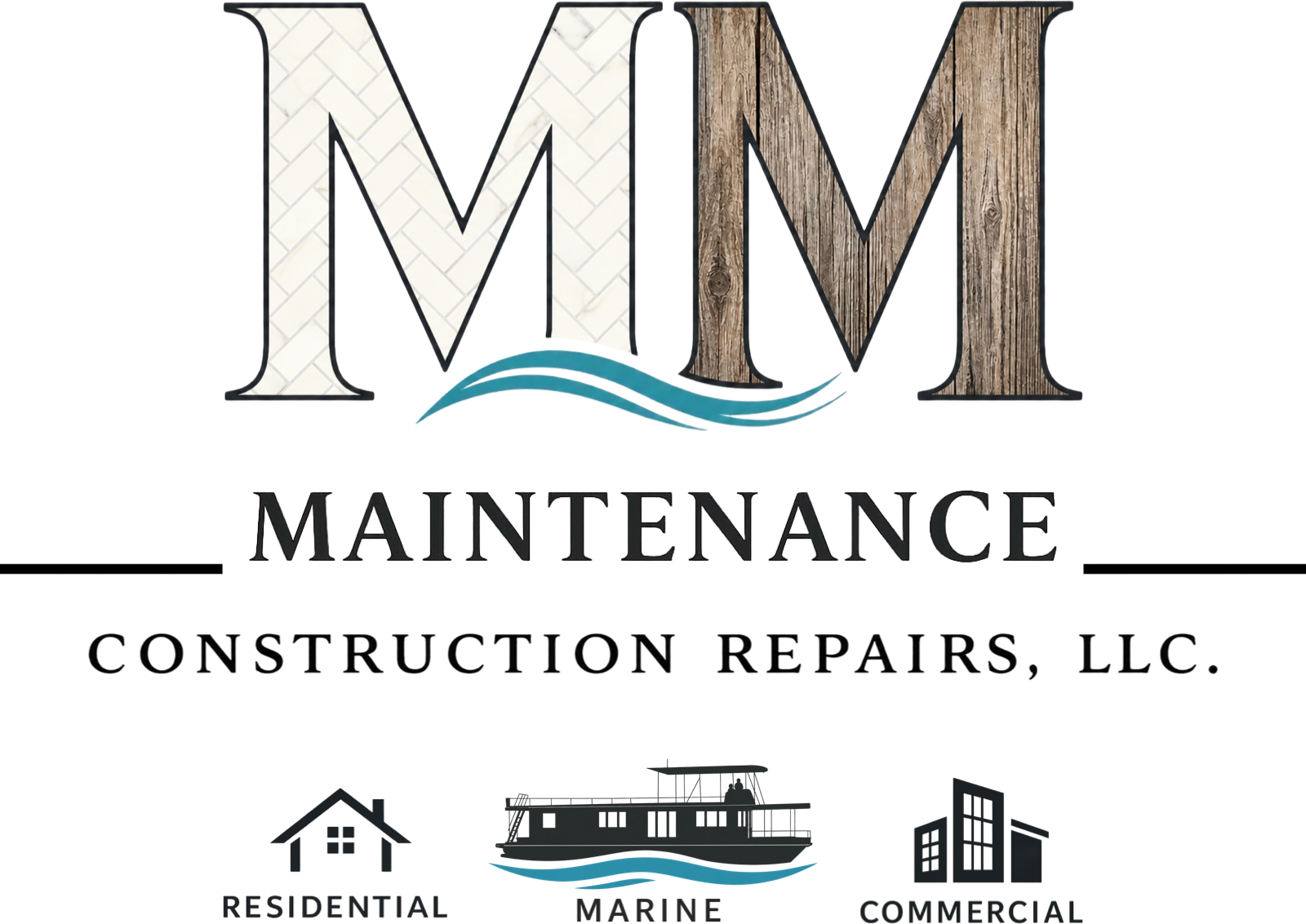 MM Maintenance Construction Repairs, LLC full logo with residential, marine, and commercial service categories