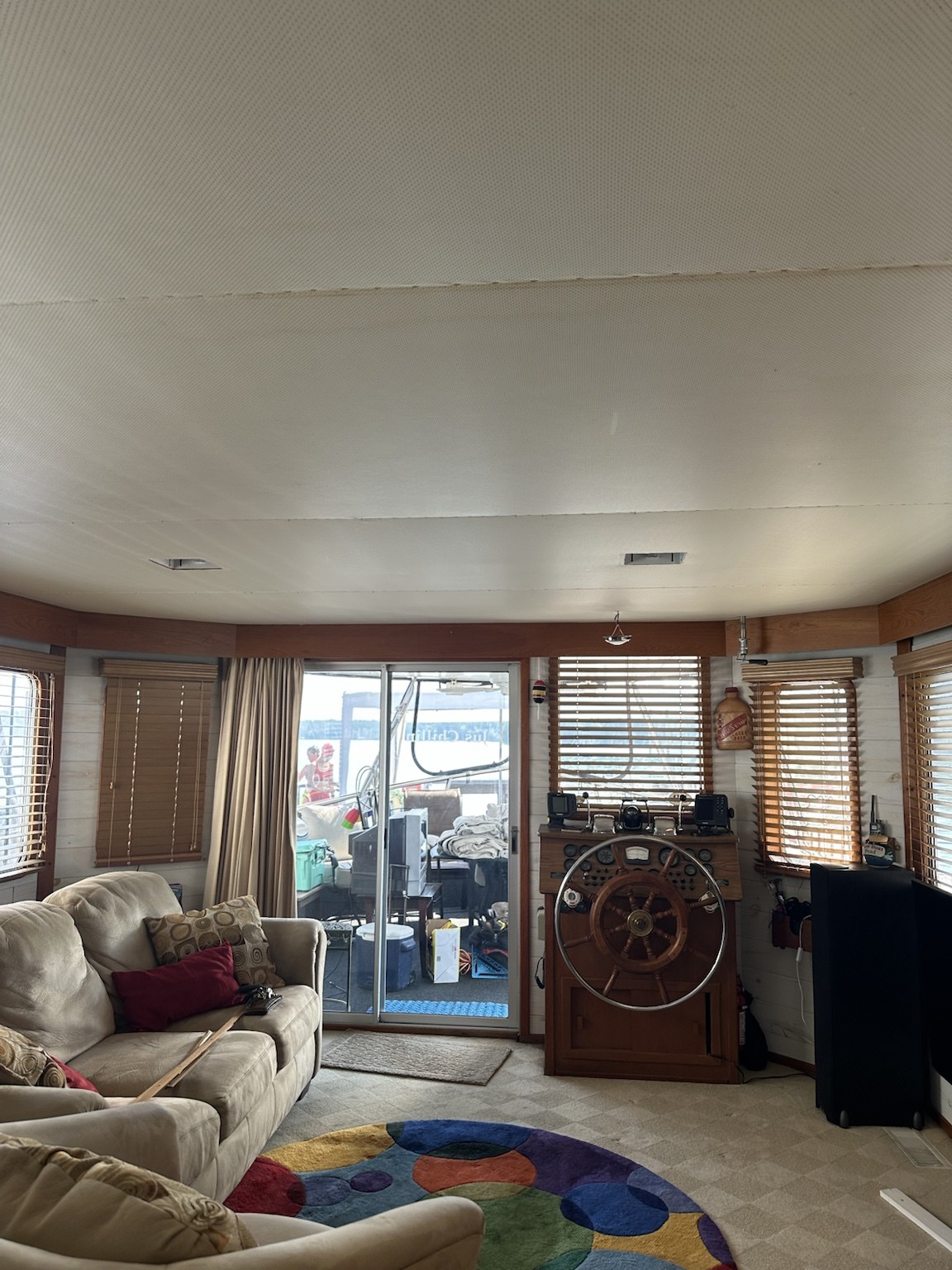 Marine interior ceiling before coffered ceiling renovation
