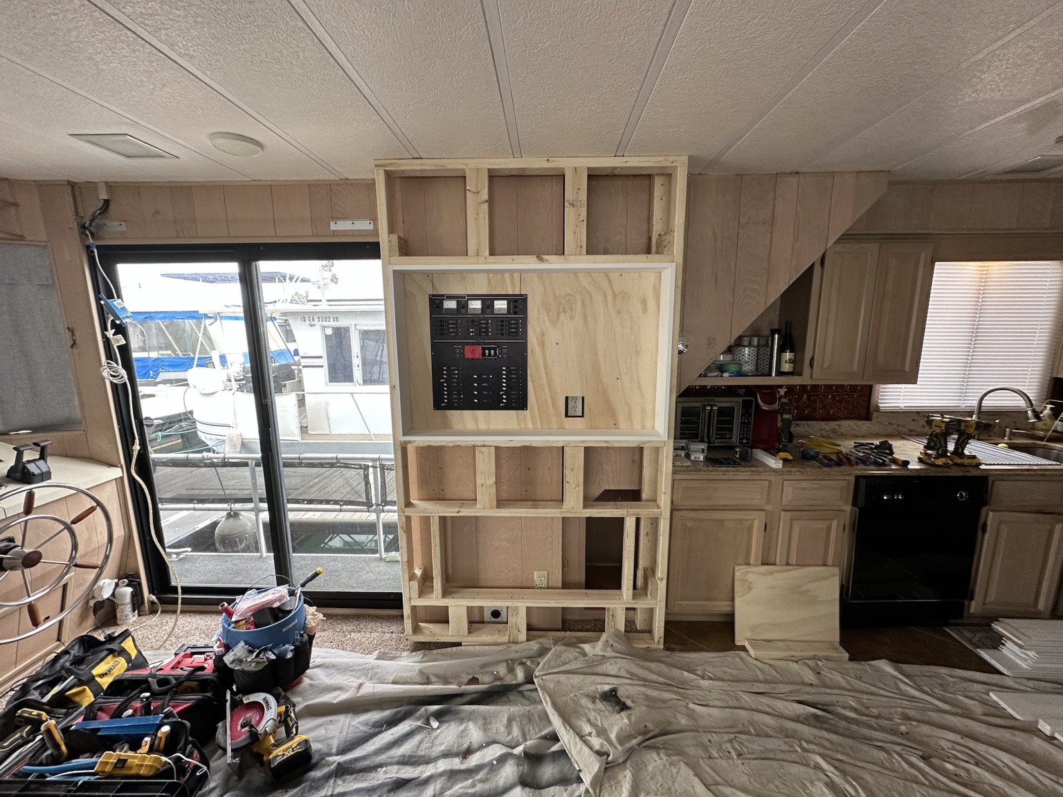 Custom entertainment center framing during the marine renovation process